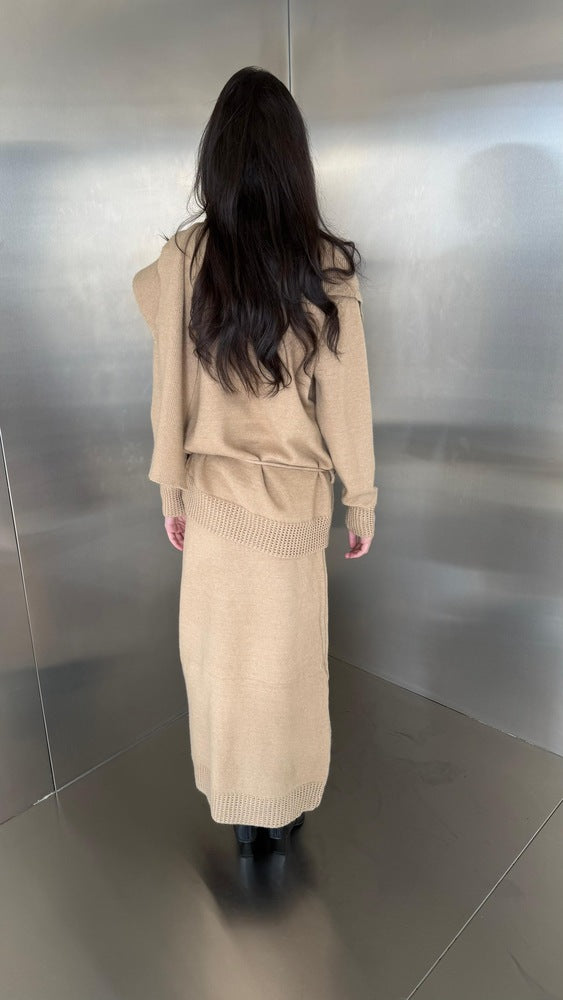 Lace Up Knitted Skirt Set with Scarf