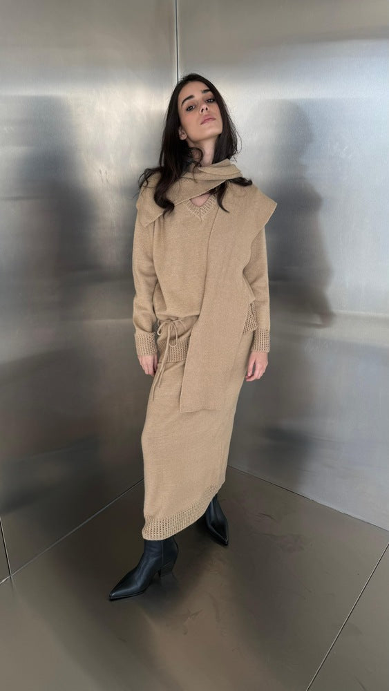 Lace Up Knitted Skirt Set with Scarf