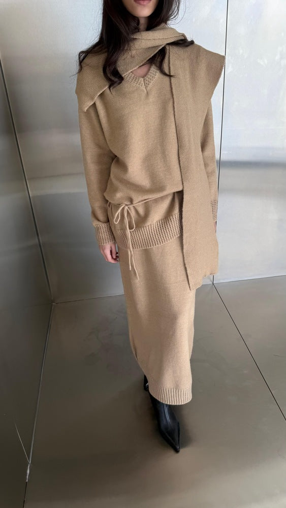 Lace Up Knitted Skirt Set with Scarf