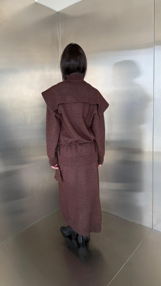 Lace Up Knitted Skirt Set with Scarf