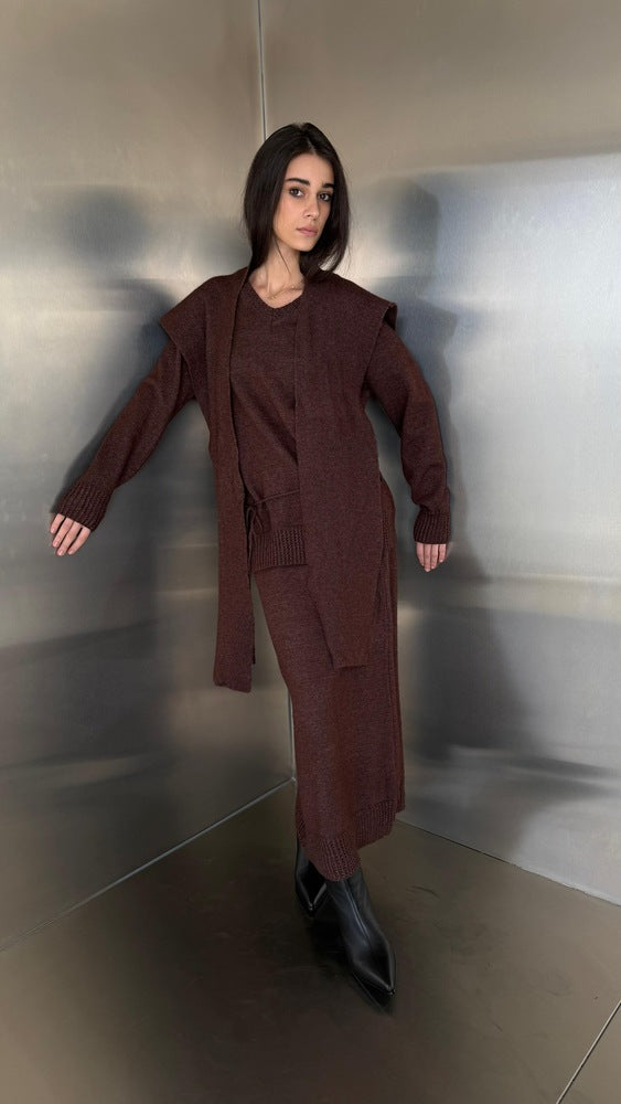 Lace Up Knitted Skirt Set with Scarf