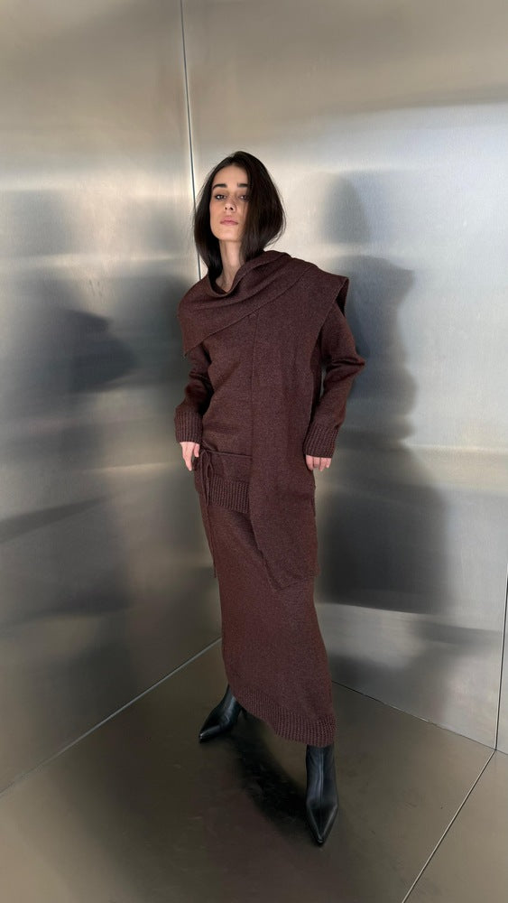 Lace Up Knitted Skirt Set with Scarf