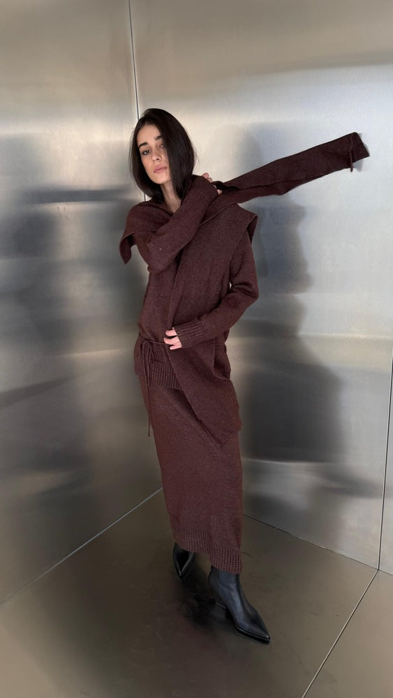 Lace Up Knitted Skirt Set with Scarf