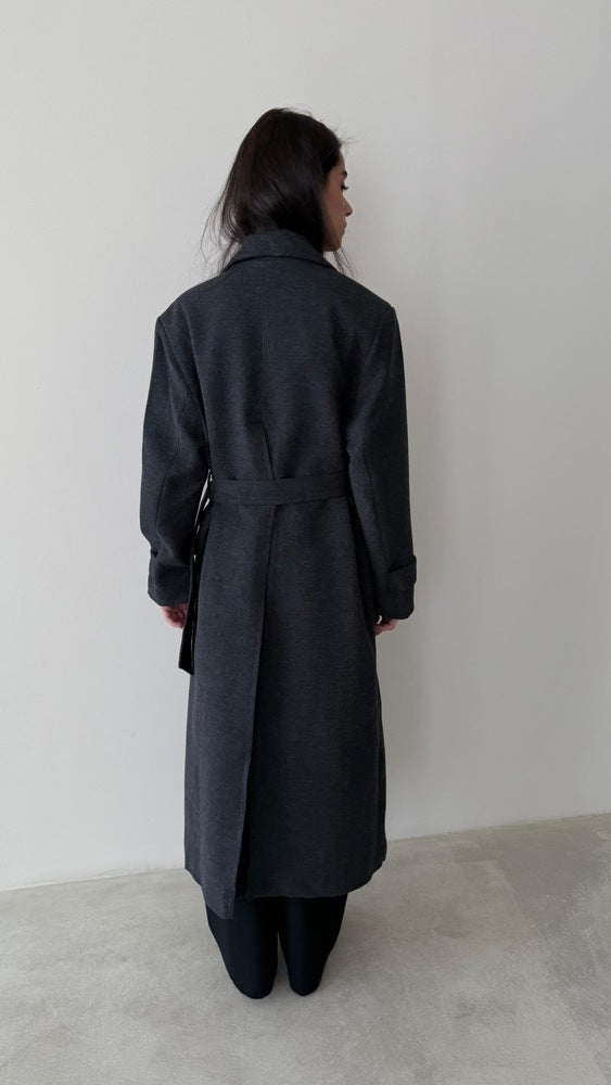 No-button Woolen Belted Coat