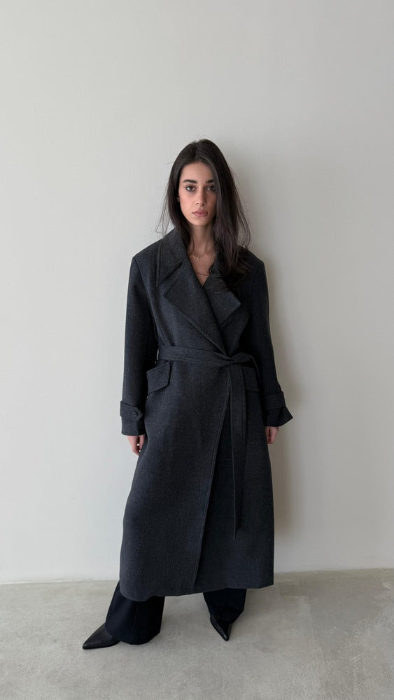 No-button Woolen Belted Coat