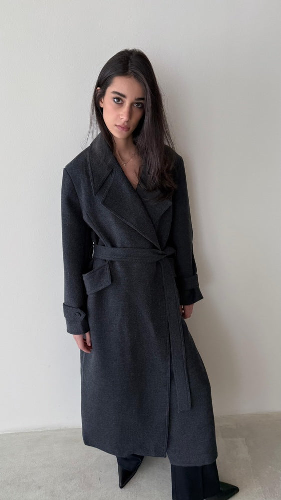 No-button Woolen Belted Coat