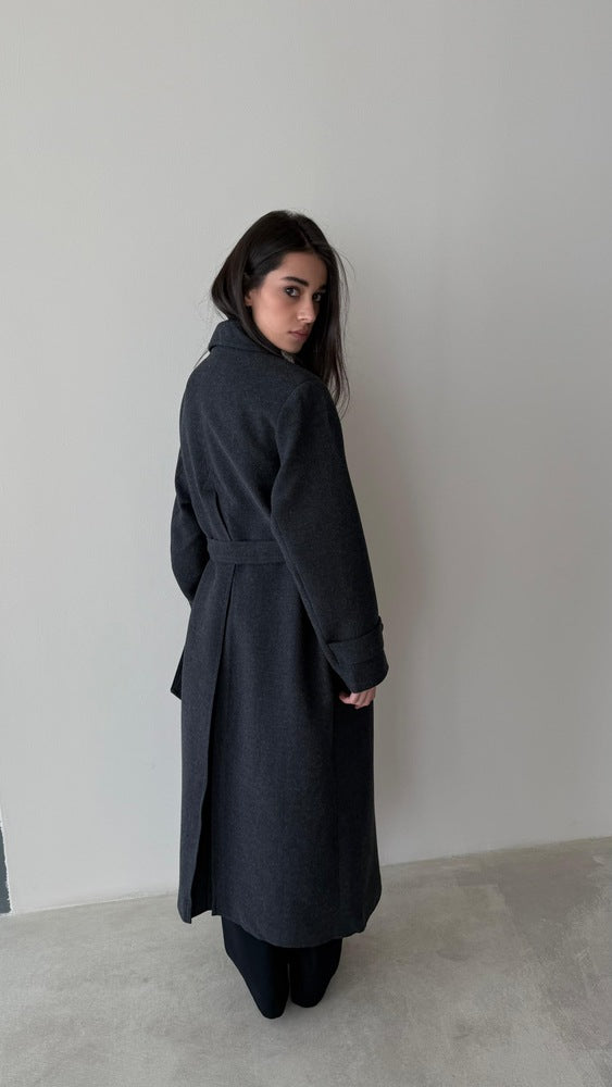 No-button Woolen Belted Coat