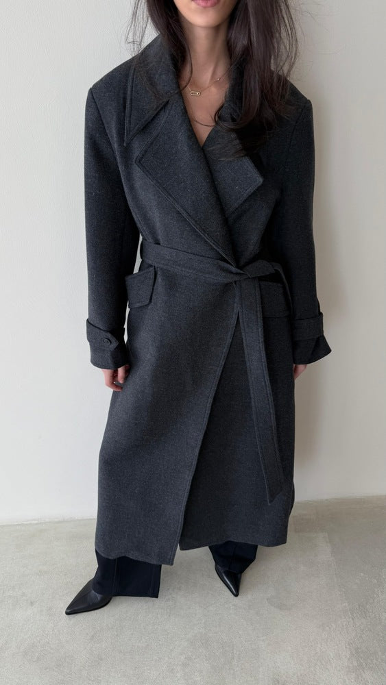 No-button Woolen Belted Coat