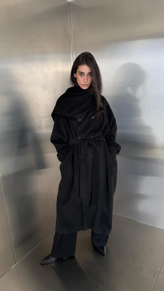 Attached Scarf Coat with Belt