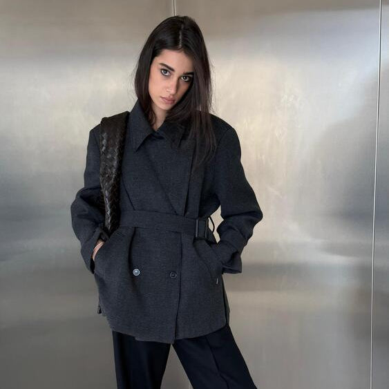 Large Notched Lapel Wool Belted Jacket