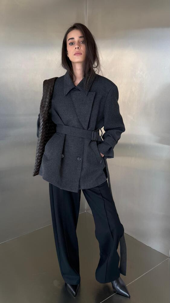 Large Notched Lapel Wool Belted Jacket