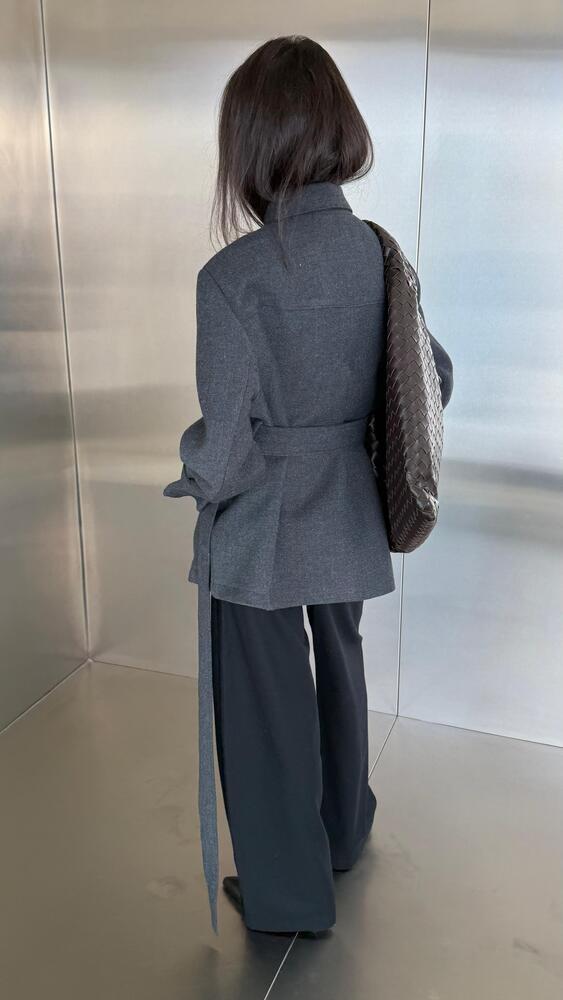 Large Notched Lapel Wool Belted Jacket