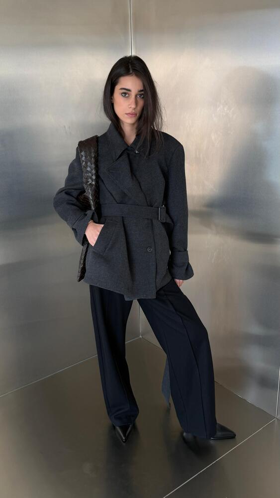 Large Notched Lapel Wool Belted Jacket