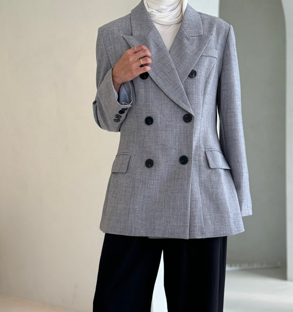 Notched Lapel Gray Blazer 6 Buttons