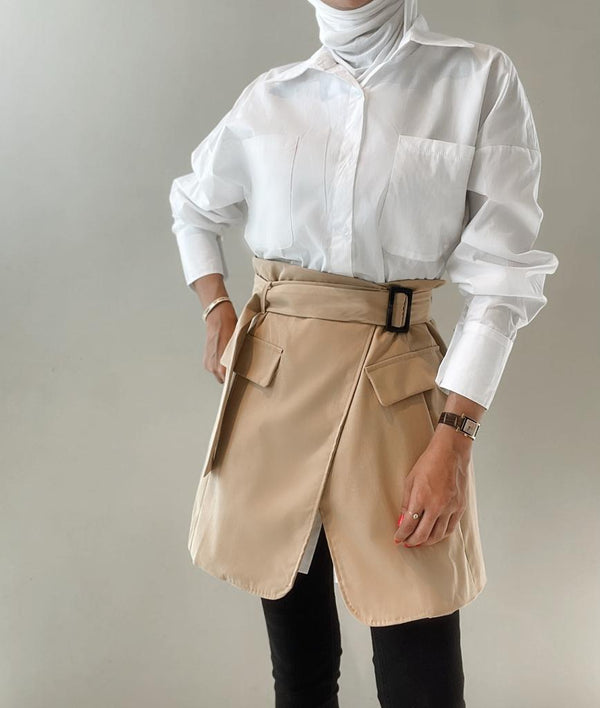 Long Women's Blouses Shirt And Double Breasted Drawstring Chic Pockets Skirt Set