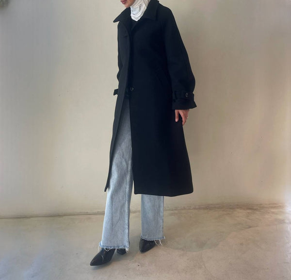 Woolen Coat  Stand Collar Single Breasted Split Pockets
