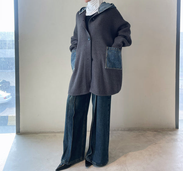 Hooded Denim Contrast Color Knitted Coat