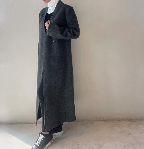 Long Casual Woolen Coat Loose Fit New V-neck