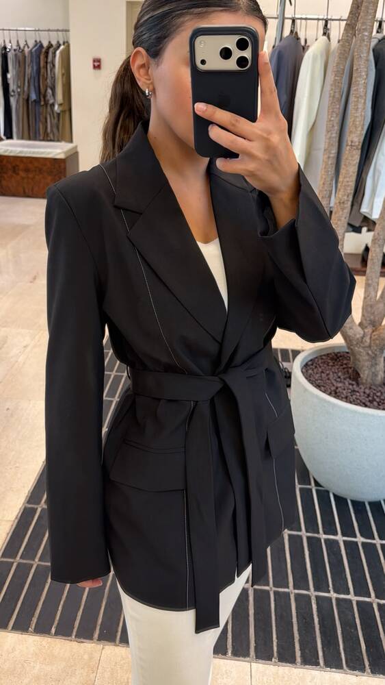 Tie-belt Topstitching Blazer