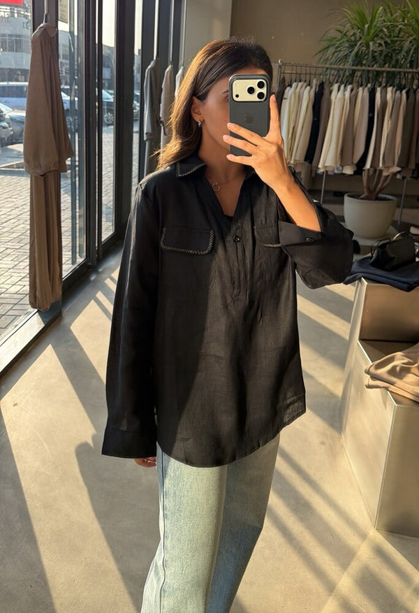 Zig-zag stitch Linen Shirt