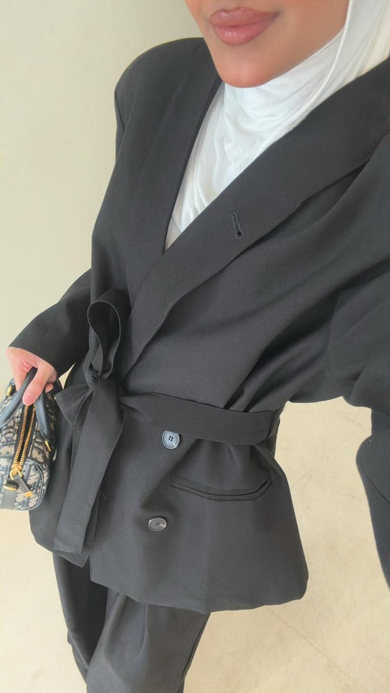 Collared Belted Blazer 4 Buttons 2PC Set