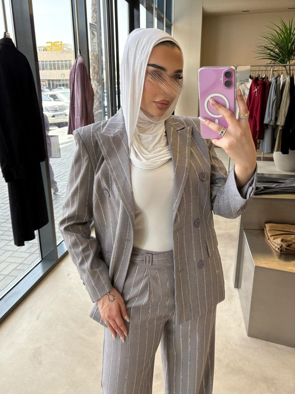 2PC Set Vertical Beads Striped Suit