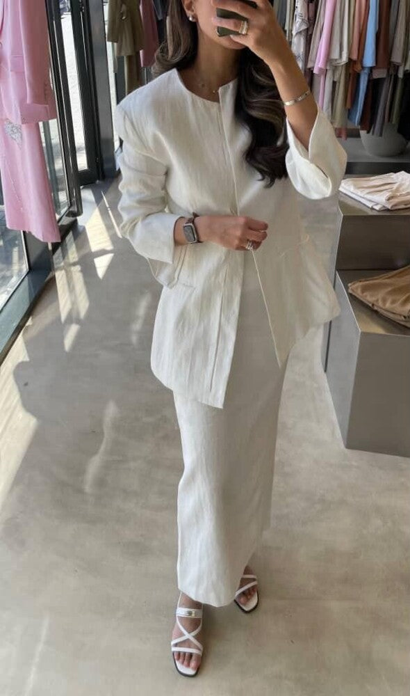 Round Neck Linen  Slit Skirt Set