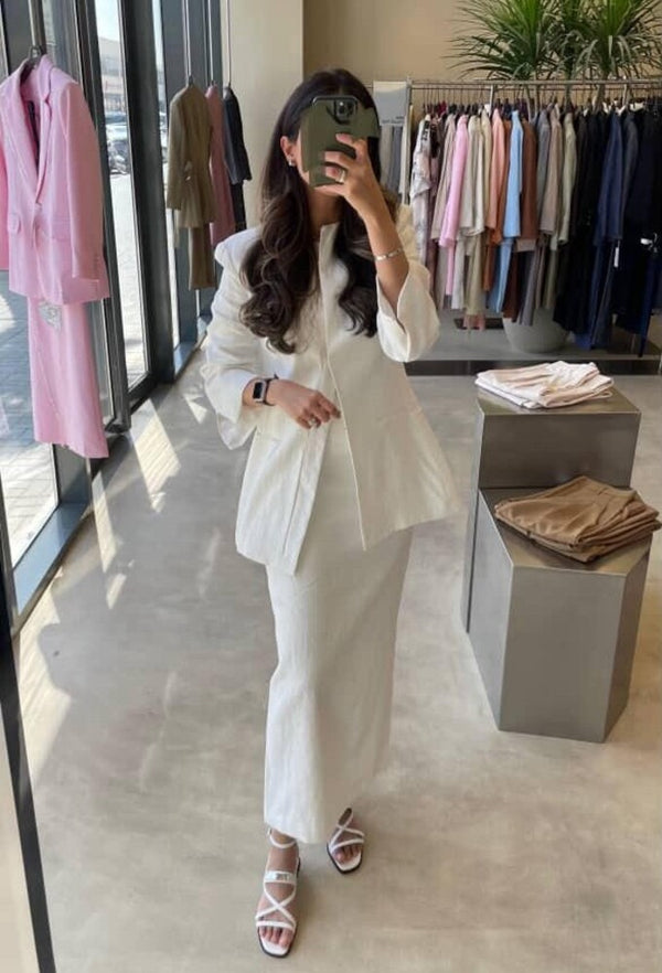 Round Neck Linen  Slit Skirt Set