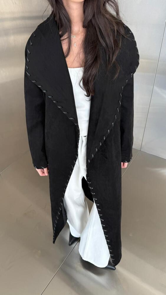 Decorative Lacing Suede Belted Long Coat