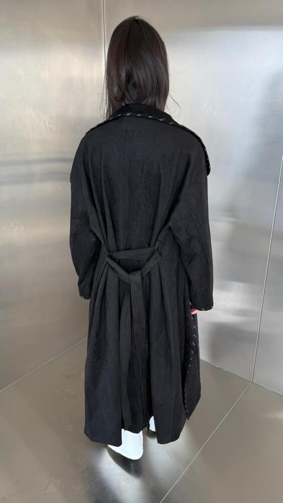 Decorative Lacing Suede Belted Long Coat