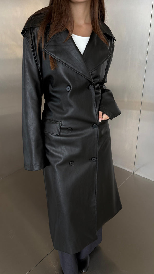 6 Buttons PU Leather Long Coat