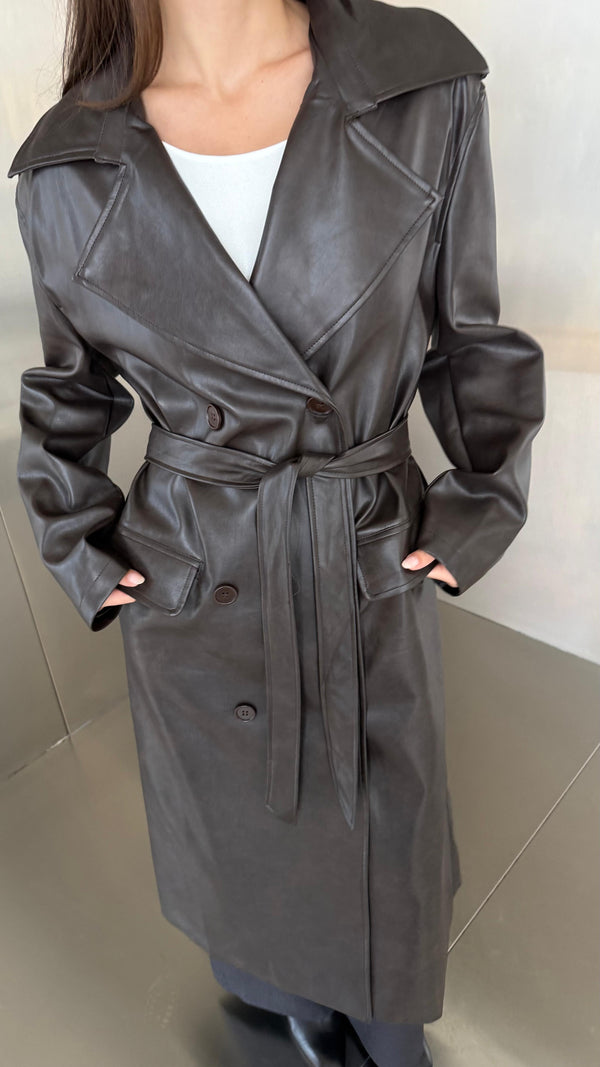 6 Buttons PU Leather Long Coat