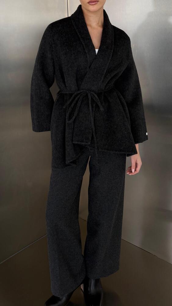 Open Slim Belted Woolen Jacket