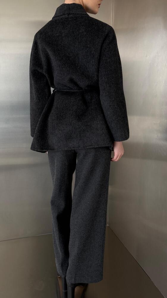 Open Slim Belted Woolen Jacket