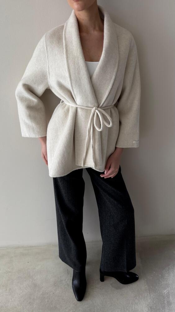 Open Slim Belted Woolen Jacket