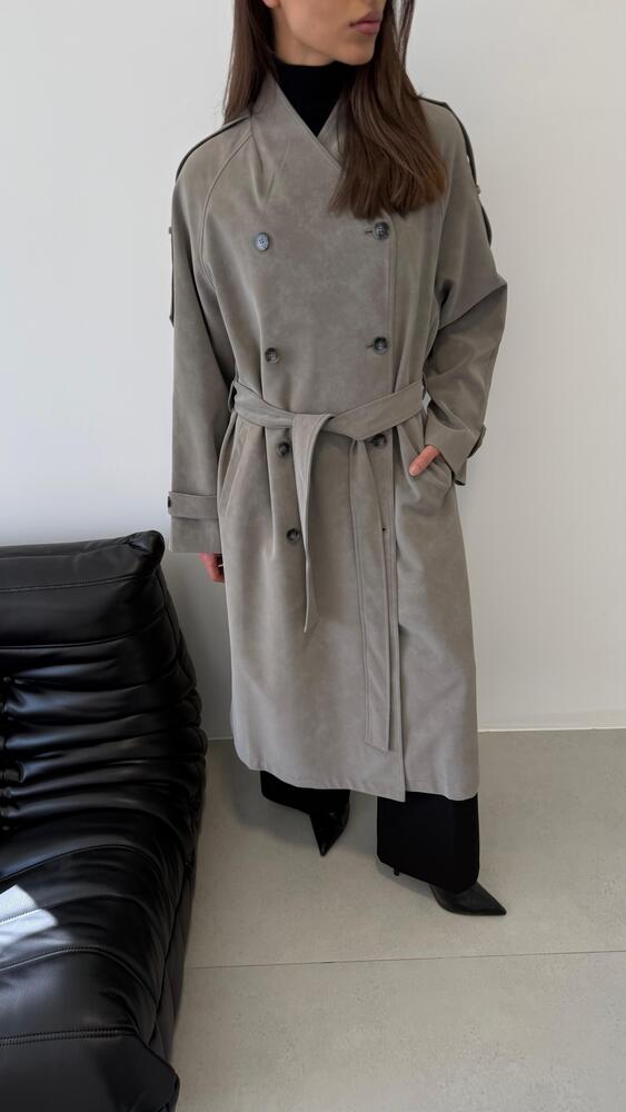 Vneckline Belted Suede Trench Coat