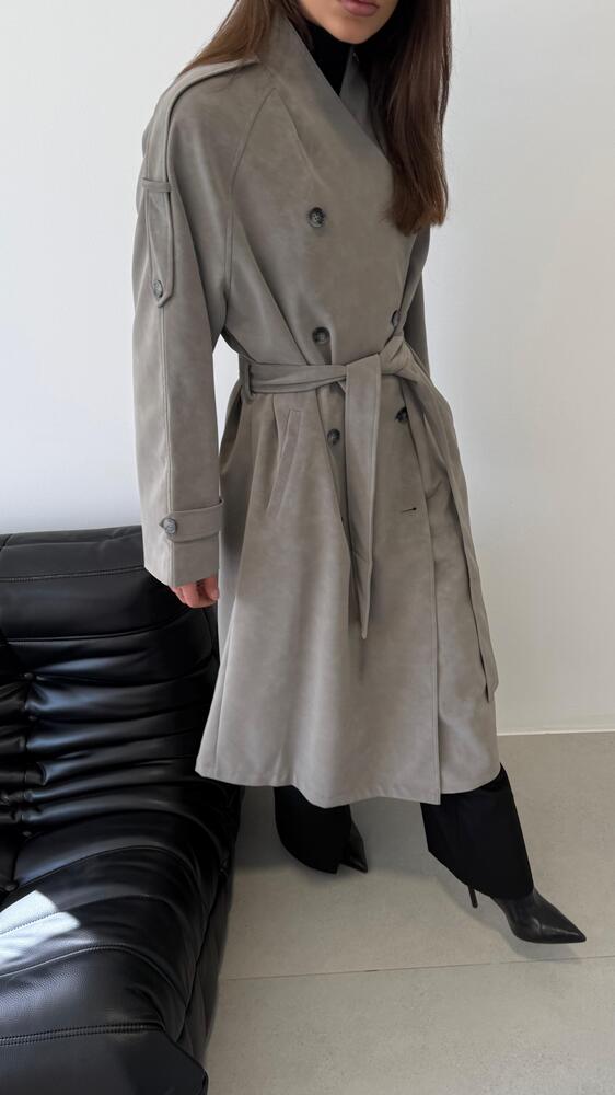 Vneckline Belted Suede Trench Coat