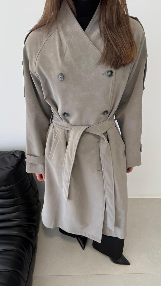Vneckline Belted Suede Trench Coat