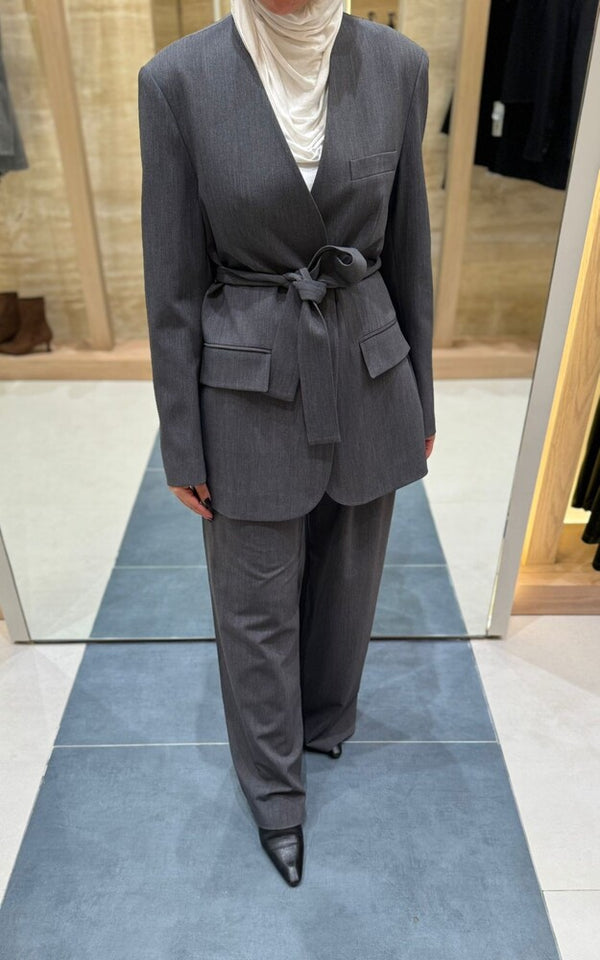 No-collar Striped Folded Waistband Suit