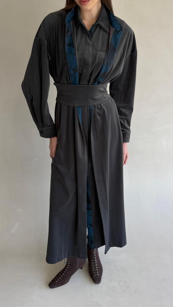 Blue Floral  Lining Kaftan w/ Long Vest Set