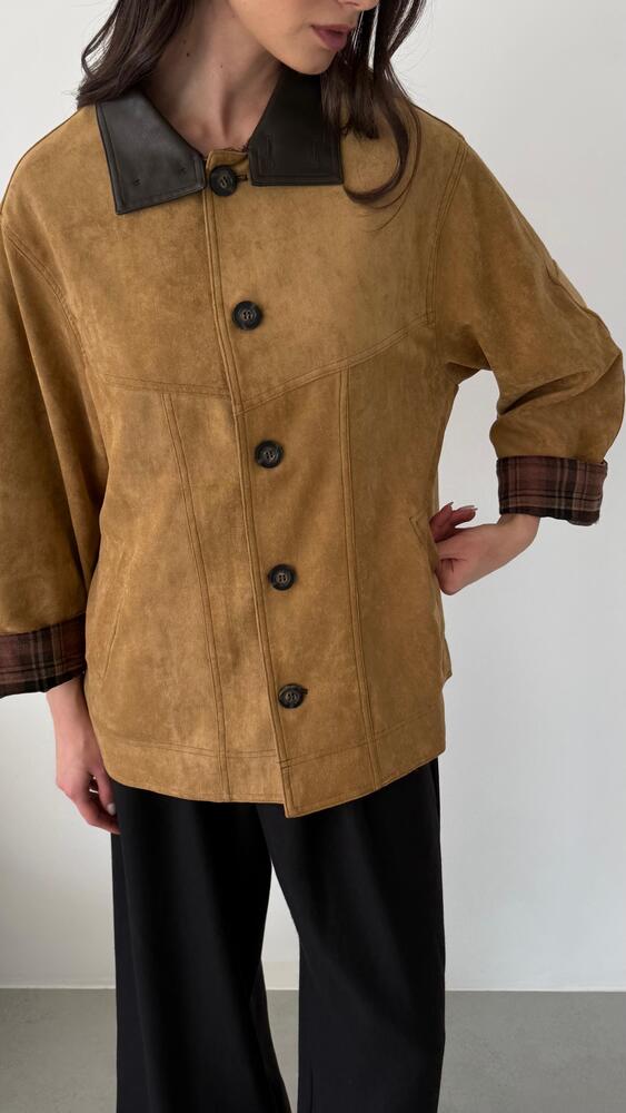 Plaid Cuffs Suede Jacket