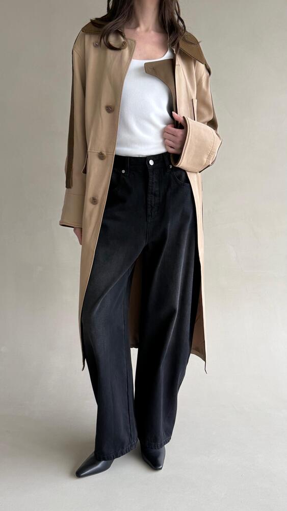 Ribbed Knit Collared Trench Coat w/ Belt