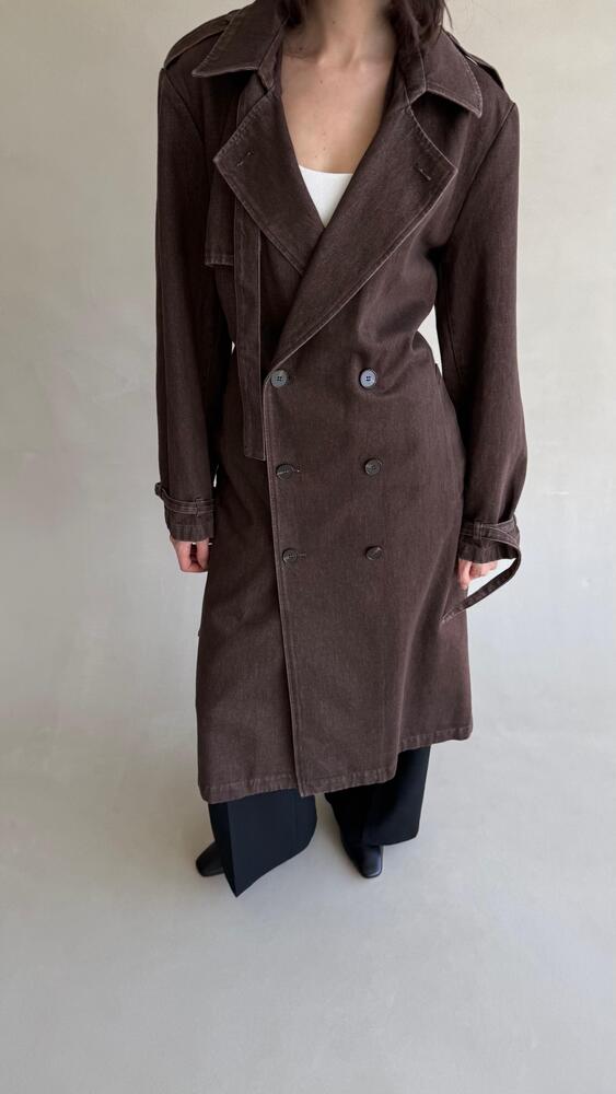 Long Brown Denim Belted Trench