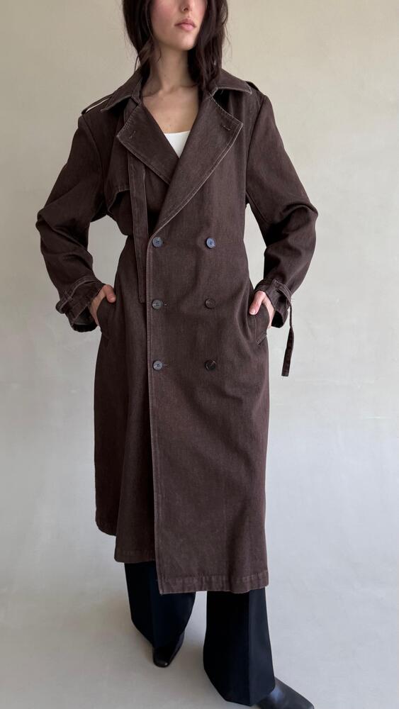 Long Brown Denim Belted Trench