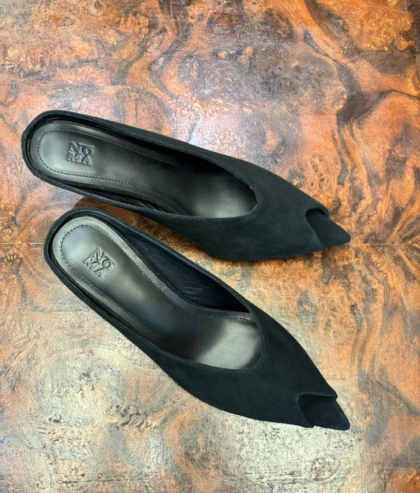 Pointed Peep-toe Faux Sued Mules