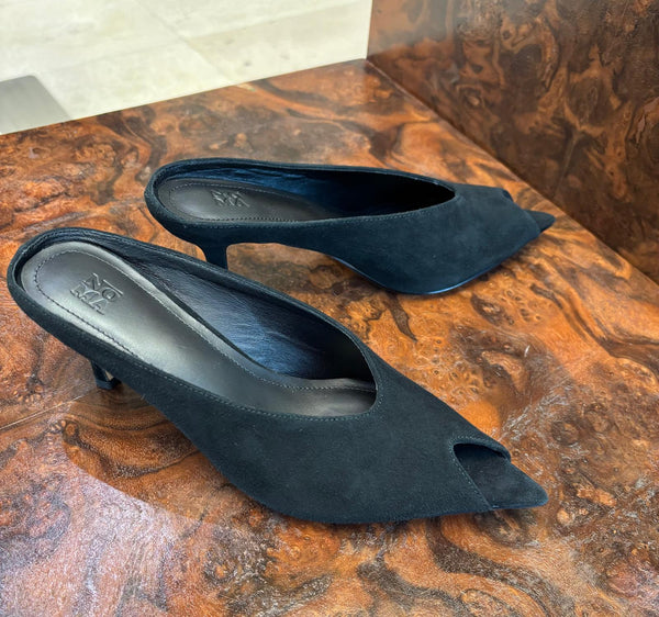 Pointed Peep-toe Faux Sued Mules