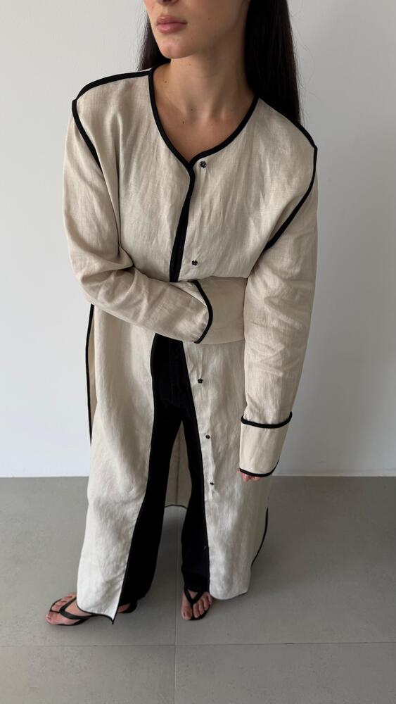 Contrast Piping  Linen Long Blazer