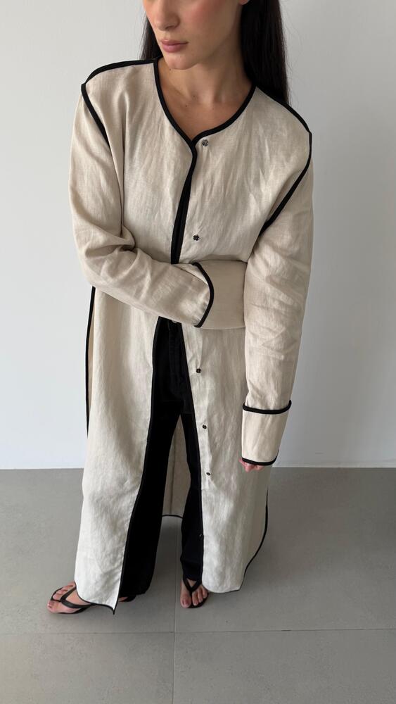 Contrast Piping  Linen Long Blazer