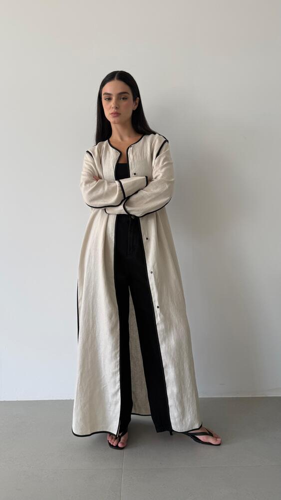 Contrast Piping  Linen Long Blazer