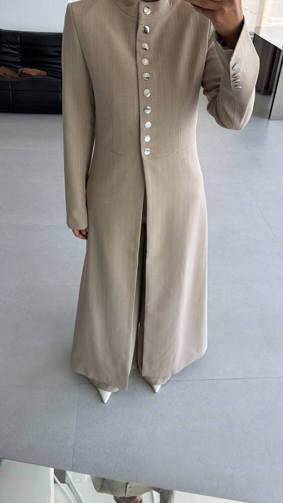 Pinstripe  Silver Button Long Blazer